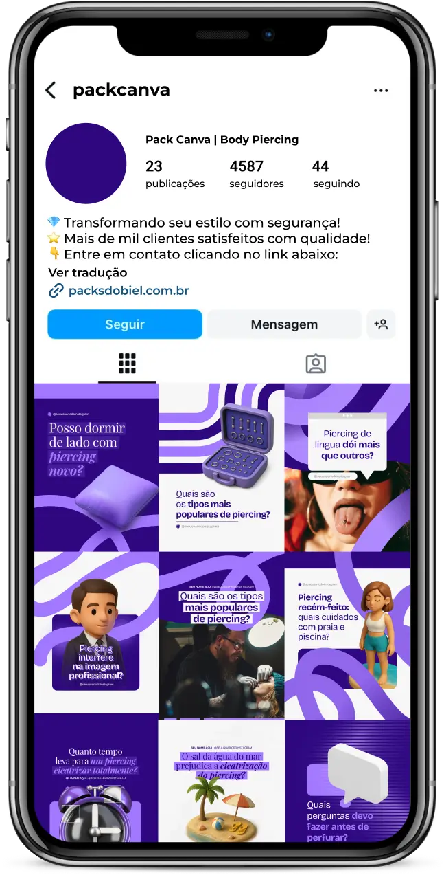 Kit completo para piercers e estúdios de body piercing, com posts prontos e editáveis sobre: perfuração estética e segura, cuidados no dia a dia, indicações de joias adequadas, tendências de moda, dicas de higienização e prevenção de infecções. Ideal para engajar clientes e reforçar autoridade no Instagram, Facebook e TikTok.