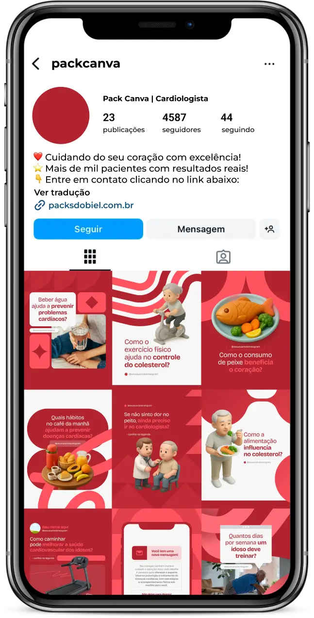 Pack Canva Cardiologista – Kit com posts e artes editáveis para médicos cardiologistas, clínicas de cardiologia e profissionais da saúde do coração. Conteúdos prontos para Instagram e redes sociais com dicas sobre prevenção de infarto, controle da pressão arterial, colesterol, check-up cardíaco, importância da atividade física e saúde cardiovascular.