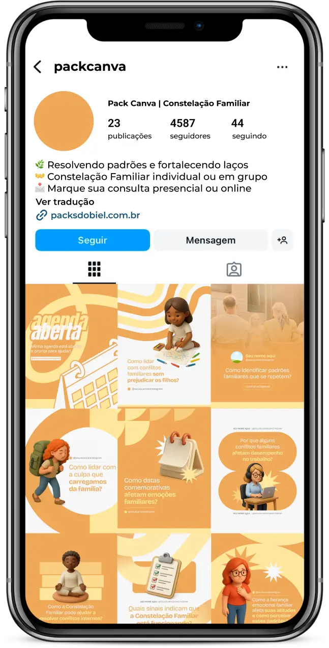 Kit de posts editáveis no Canva para profissionais de Constelação Familiar e terapias sistêmicas. Inclui conteúdos para Instagram e outras redes sociais sobre resolução de conflitos familiares, fortalecimento de vínculos, orientação psicológica, autoconhecimento, dinâmicas de grupo e dicas práticas para engajar clientes e seguidores interessados em crescimento pessoal.