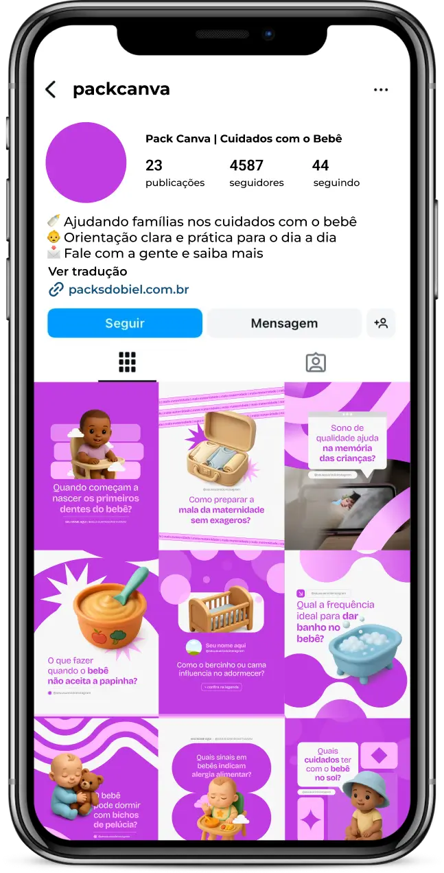 Kit de posts no Canva para quem deseja criar conteúdos sobre maternidade e cuidados com o bebê. Inclui artes prontas para falar sobre banho, troca de fraldas, sono infantil, primeiros dentinhos, vacinas, estimulação do desenvolvimento e dicas de cuidados básicos. Perfeito para aumentar o engajamento, gerar valor e fortalecer sua presença digital.