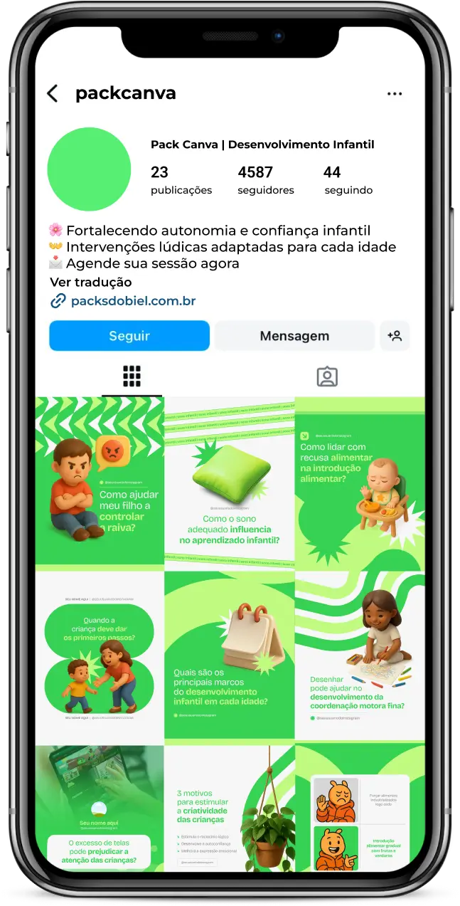 Kit de posts editáveis no Canva focado em Desenvolvimento Infantil, ideal para redes sociais de escolas, psicopedagogos, fonoaudiólogos e profissionais de educação. Inclui conteúdos prontos sobre comportamento infantil, estímulos sensoriais, habilidades cognitivas, afetividade, rotina escolar, orientação para pais e dicas práticas para promover o aprendizado e bem-estar das crianças.