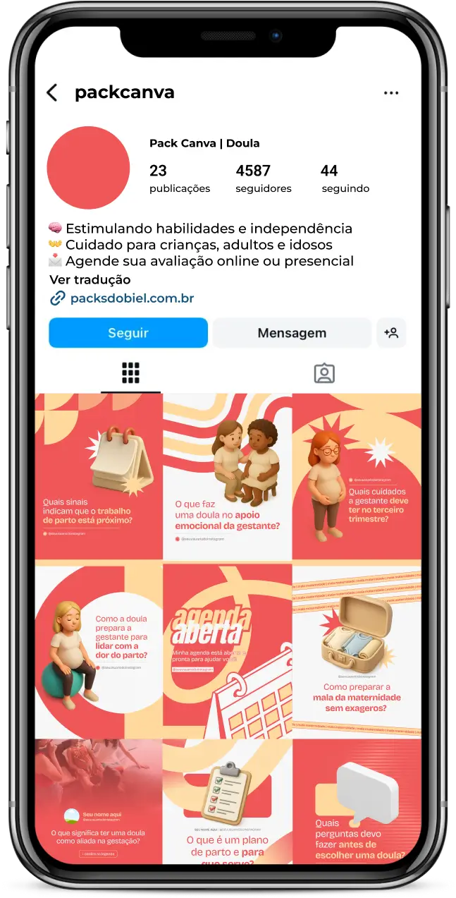 Kit de posts editáveis no Canva para Doula e profissionais de apoio à gestante. Inclui conteúdos para Instagram e outras redes sociais sobre parto humanizado, cuidados pré e pós-natal, bem-estar emocional da mãe, orientação para familiares e dicas práticas para fortalecer autoridade e presença digital no nicho de maternidade.