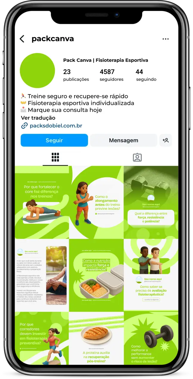 Kit de posts editáveis no Canva para fisioterapeutas esportivos. Inclui artes sobre exercícios preventivos, reabilitação funcional, alongamentos, cuidados com articulações, dicas de performance e lifestyle saudável. Perfeito para fortalecer sua presença no Instagram, atrair novos pacientes e mostrar autoridade na área esportiva.