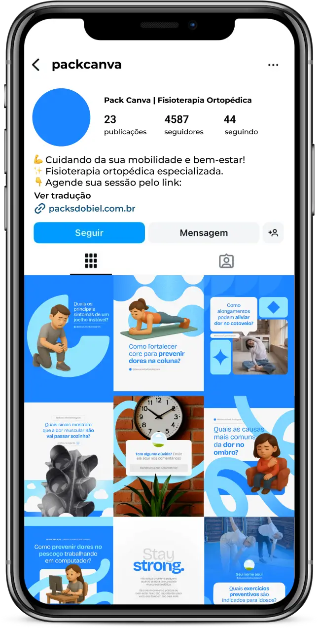 Com este Pack Canva de Fisioterapia Ortopédica, você terá posts prontos e personalizáveis para redes sociais, focados em fisioterapeutas e clínicas de reabilitação, com conteúdos sobre cuidados pós-cirúrgicos, alongamentos, exercícios de fortalecimento, prevenção de dores musculoesqueléticas e educação em saúde para pacientes.