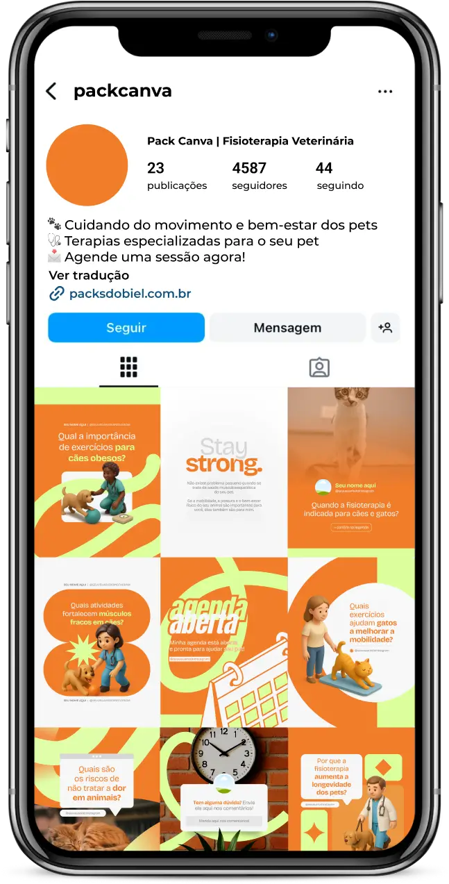 Kit de posts editáveis no Canva para profissionais de fisioterapia veterinária e clínicas especializadas em reabilitação animal. Inclui conteúdos para redes sociais sobre bem-estar pet, estimulação motora em cães e gatos, terapias de fortalecimento, prevenção de problemas locomotores e orientações práticas para tutores.