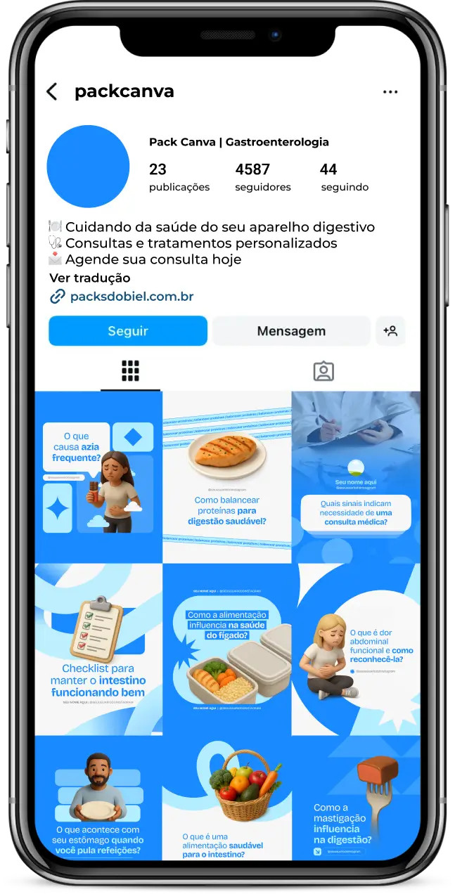 Com o Pack Canva Gastroenterologia, você terá posts prontos para compartilhar informações educativas sobre saúde digestiva, hábitos alimentares, sintomas e prevenção de doenças do sistema gastrointestinal. Totalmente personalizável no Canva, o kit permite criar um perfil profissional e engajador no Instagram e redes sociais.