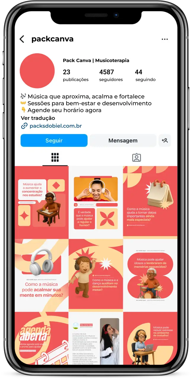 Kit de posts editáveis no Canva para musicoterapeutas, clínicas de bem-estar e profissionais de terapias criativas. Inclui conteúdos para Instagram e outras redes sociais sobre terapias musicais, estimulação emocional, atividades musicais para crianças e idosos, relaxamento, redução de ansiedade e dicas práticas para atrair e educar pacientes ou clientes.
