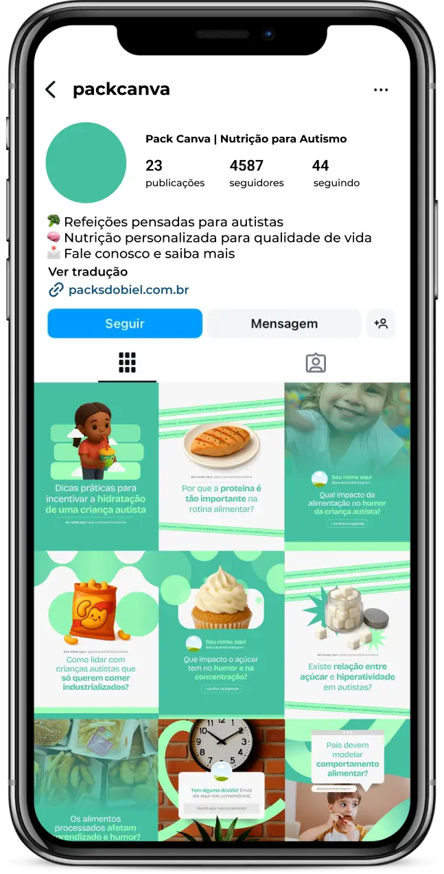 Kit de posts Canva Nutrição para Autismo – Inclui artes e conteúdos prontos para nutricionistas, clínicas e profissionais da saúde compartilharem informações sobre intervenções alimentares, dietas terapêuticas, prevenção de carências nutricionais, incentivo a hábitos saudáveis e apoio a famílias. Perfeito para aumentar engajamento, autoridade e visibilidade digital.