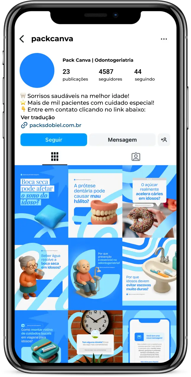 Kit completo para dentistas especializados em Odontogeriatria, com posts prontos e totalmente editáveis no Canva sobre cuidados com gengivas, prevenção de cáries, higiene oral, tratamentos estéticos e funcionais, manutenção de próteses e dicas para engajar idosos e familiares nas redes sociais.