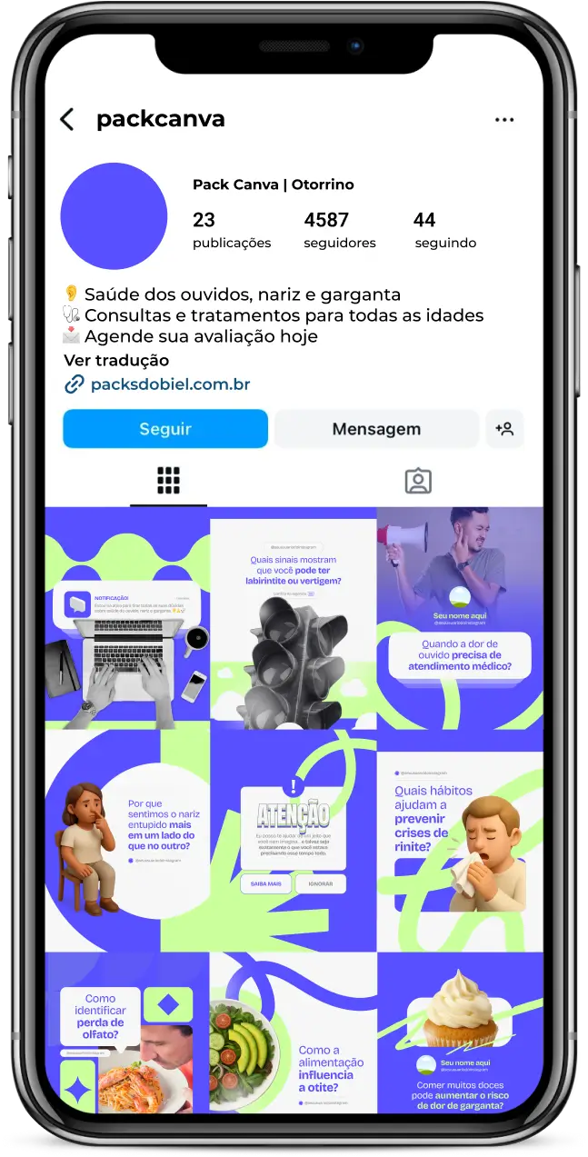 Com este Pack Canva Otorrinolaringologia, você terá posts profissionais e personalizados para redes sociais, trazendo dicas sobre audição, respiração, voz, prevenção de infecções, uso de aparelhos auditivos, cuidados com a saúde infantil e adulta, além de orientações práticas para pacientes.