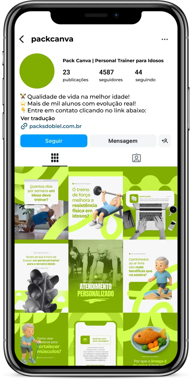 Kit completo para profissionais de educação física e fisioterapeutas com posts sobre treino para idosos, fortalecimento muscular, mobilidade e flexibilidade, atividades de baixo impacto, dicas de saúde e qualidade de vida, engajamento com público idoso e conteúdos prontos para Instagram, Facebook e outras redes sociais.