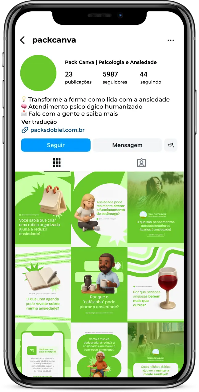 Kit de posts no Canva para psicólogos e profissionais de saúde mental focados em ansiedade. Inclui artes sobre sintomas, gatilhos, técnicas de relaxamento, suporte psicológico, intervenções terapêuticas, estratégias de autocuidado e prevenção de estresse, ideal para aumentar o engajamento, gerar valor e conquistar pacientes de forma estratégica.