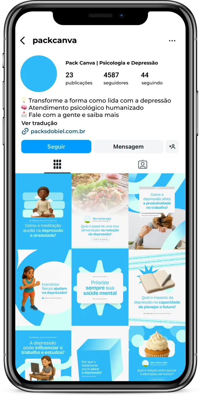 Com o Pack Canva Psicologia e Depressão você terá posts prontos para falar sobre prevenção, apoio emocional, importância do tratamento psicológico, terapia cognitivo-comportamental, dicas para lidar com pensamentos negativos, suporte a familiares e valorização da saúde mental. Tudo totalmente editável no Canva, para construir um perfil profissional, informativo e acolhedor.