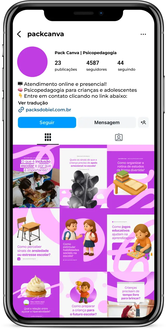 Com este Pack Canva de Psicopedagogia, você terá posts prontos e personalizáveis para redes sociais, focados em psicopedagogos e profissionais da educação, com conteúdos sobre avaliação de aprendizagem, transtornos de aprendizagem, técnicas de leitura e escrita, desenvolvimento infantil e dicas pedagógicas para engajar alunos e famílias.