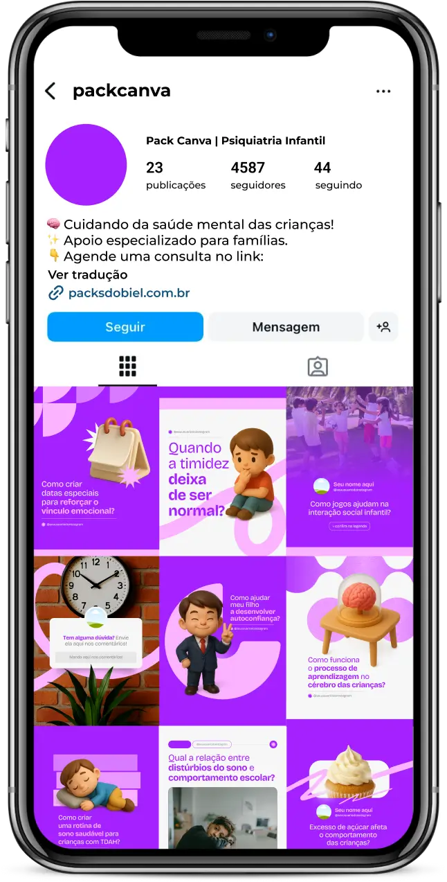 Kit completo para psiquiatras infantis e clínicas especializadas, com posts editáveis sobre desenvolvimento emocional, avaliação clínica, cuidados psicossociais, acompanhamento de tratamentos, prevenção de transtornos e promoção do bem-estar mental de crianças, ideal para fortalecer a presença digital no Instagram e outras redes sociais.