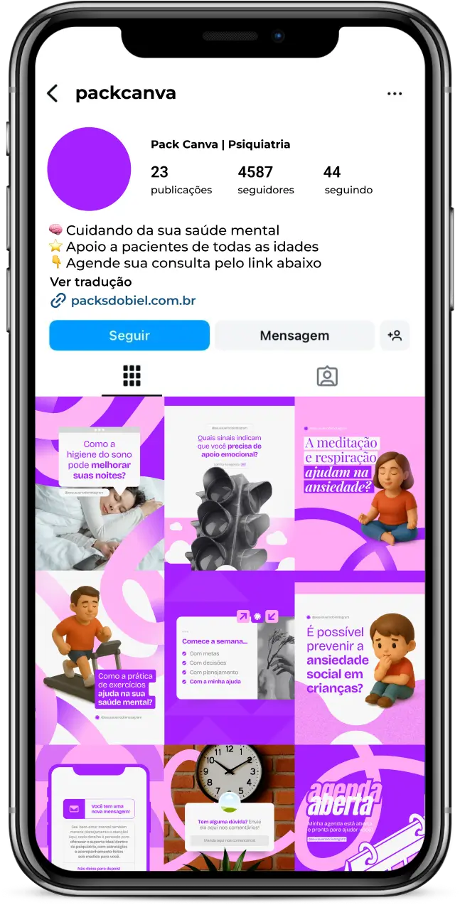 Com este Pack Canva de Psiquiatria, você terá posts educativos e informativos sobre saúde mental, tratamento medicamentoso e psicológico, suporte a pacientes, conscientização sobre transtornos psiquiátricos, técnicas de autocuidado, engajamento para redes sociais e materiais totalmente personalizáveis no Canva.