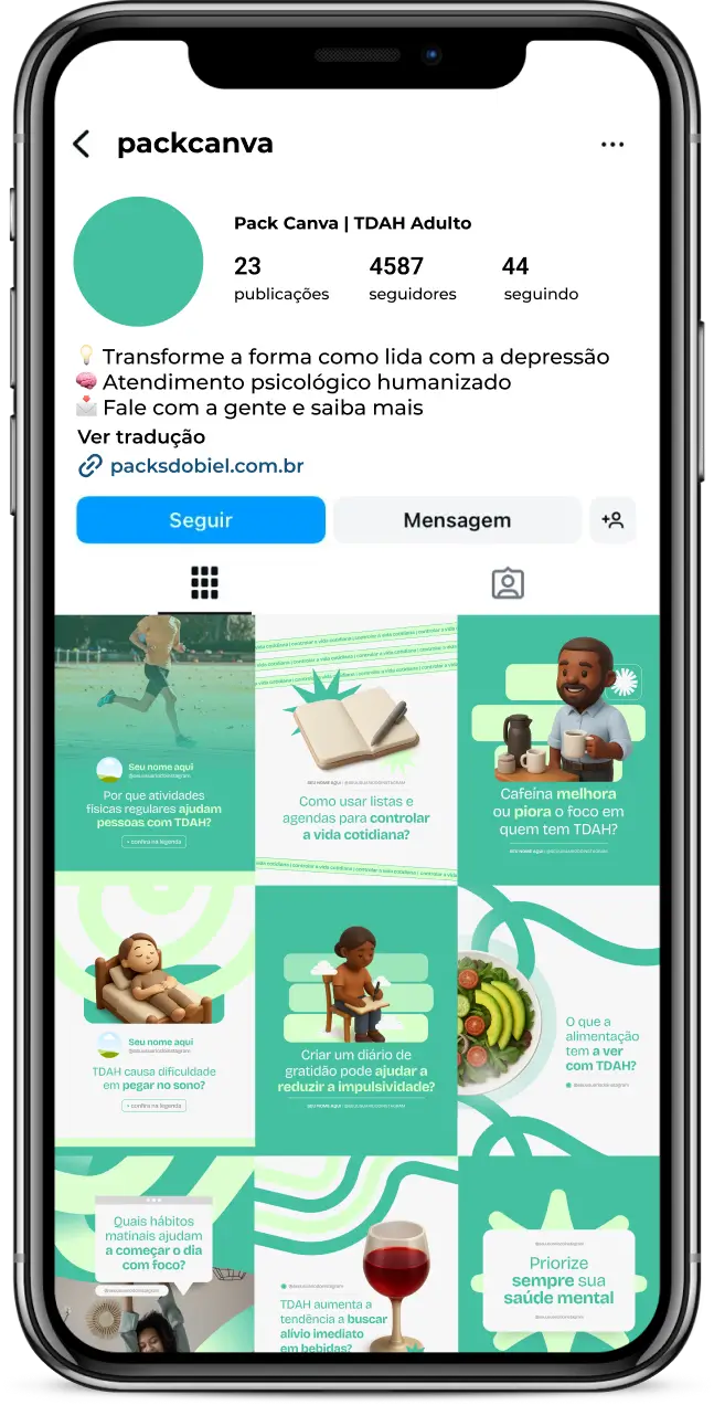 Kit de posts no Canva para TDAH em adultos – Inclui artes sobre organização, produtividade, estratégias de foco, saúde mental, enfrentamento de sintomas, dicas práticas para o dia a dia, orientação terapêutica e autocuidado. Perfeito para psicólogos, psiquiatras, coaches e profissionais da saúde que buscam aumentar o engajamento e atrair pacientes de forma estratégica.