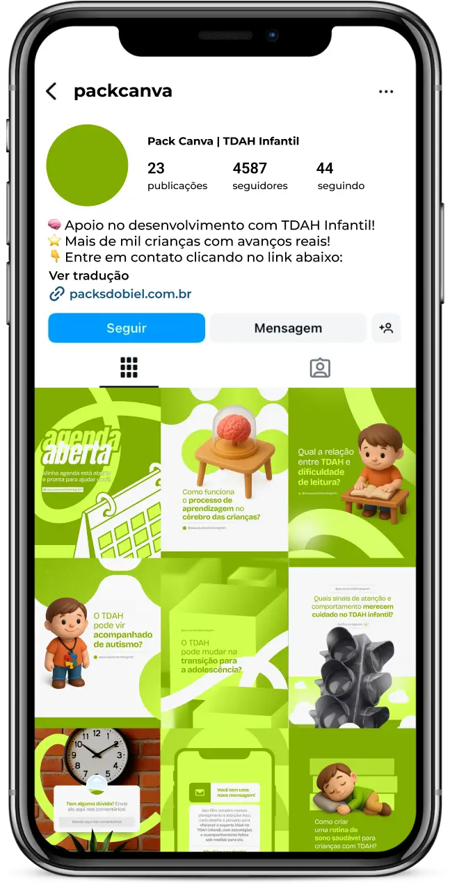Kit completo para psicólogos, educadores e famílias com posts editáveis no Canva sobre TDAH infantil, técnicas de estimulação cognitiva, controle de impulsividade, métodos de aprendizagem adaptativos, apoio familiar, orientação escolar e conteúdos prontos para aumentar engajamento e presença digital no Instagram e outras redes sociais.