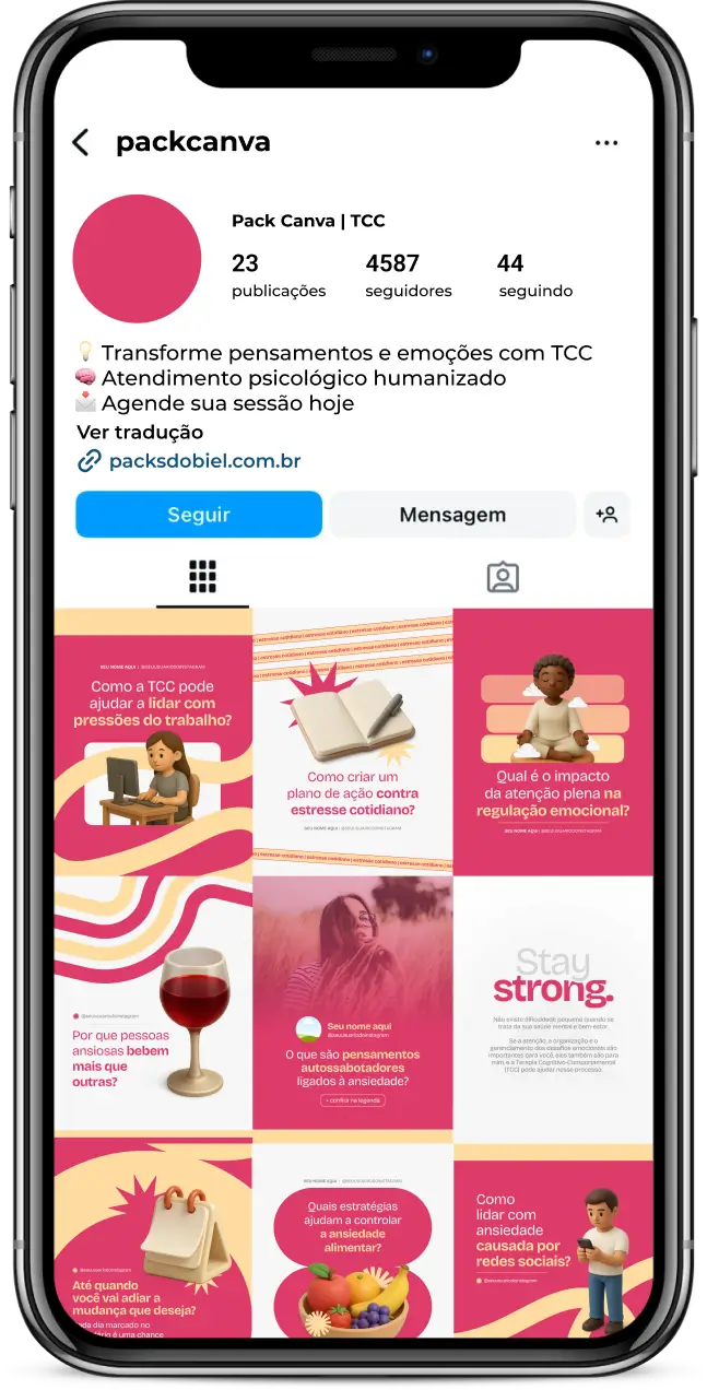 Com o Pack Canva TCC, você terá conteúdos prontos e profissionais para falar sobre psicoterapia, mudanças de comportamento, estratégias de enfrentamento, desenvolvimento de habilidades sociais, autoconhecimento e impacto da Terapia Cognitivo-Comportamental no tratamento de ansiedade, depressão, TDAH e outros transtornos. Totalmente editável no Canva para personalizar seu perfil no Instagram.