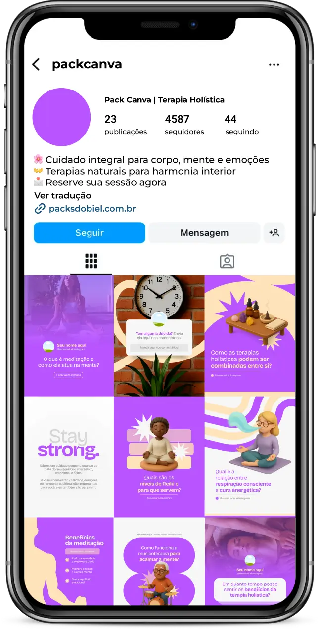 Pack de posts para terapia holística com templates no Canva para Instagram de bem-estar e terapias integrativas