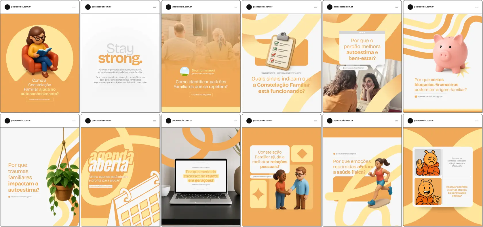 Kit de posts editáveis no Canva para profissionais de Constelação Familiar e terapias sistêmicas. Inclui conteúdos para Instagram e outras redes sociais sobre resolução de conflitos familiares, fortalecimento de vínculos, orientação psicológica, autoconhecimento, dinâmicas de grupo e dicas práticas para engajar clientes e seguidores interessados em crescimento pessoal.