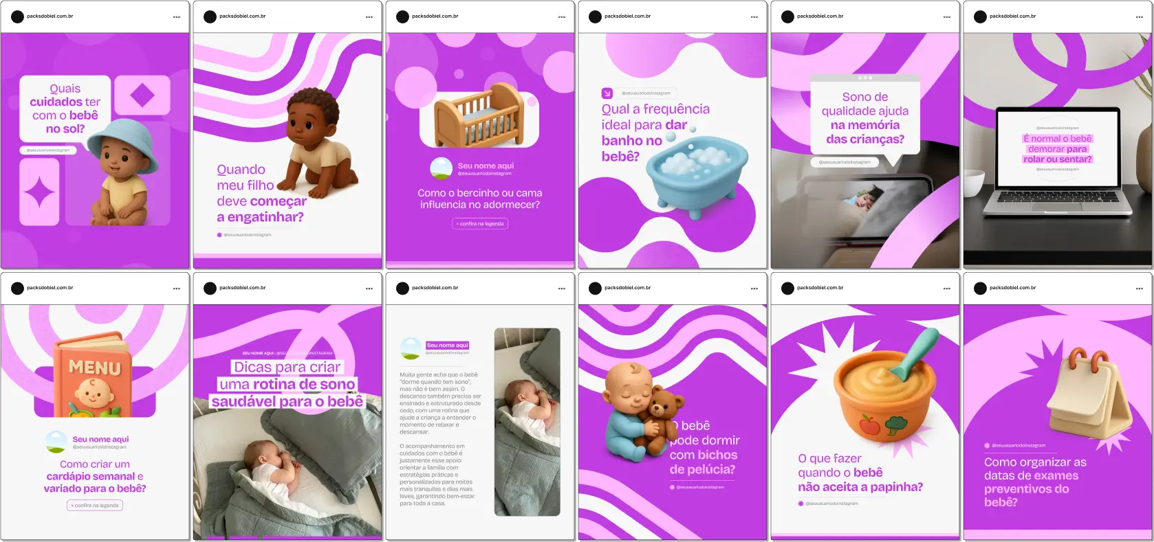 Kit de posts no Canva para quem deseja criar conteúdos sobre maternidade e cuidados com o bebê. Inclui artes prontas para falar sobre banho, troca de fraldas, sono infantil, primeiros dentinhos, vacinas, estimulação do desenvolvimento e dicas de cuidados básicos. Perfeito para aumentar o engajamento, gerar valor e fortalecer sua presença digital.