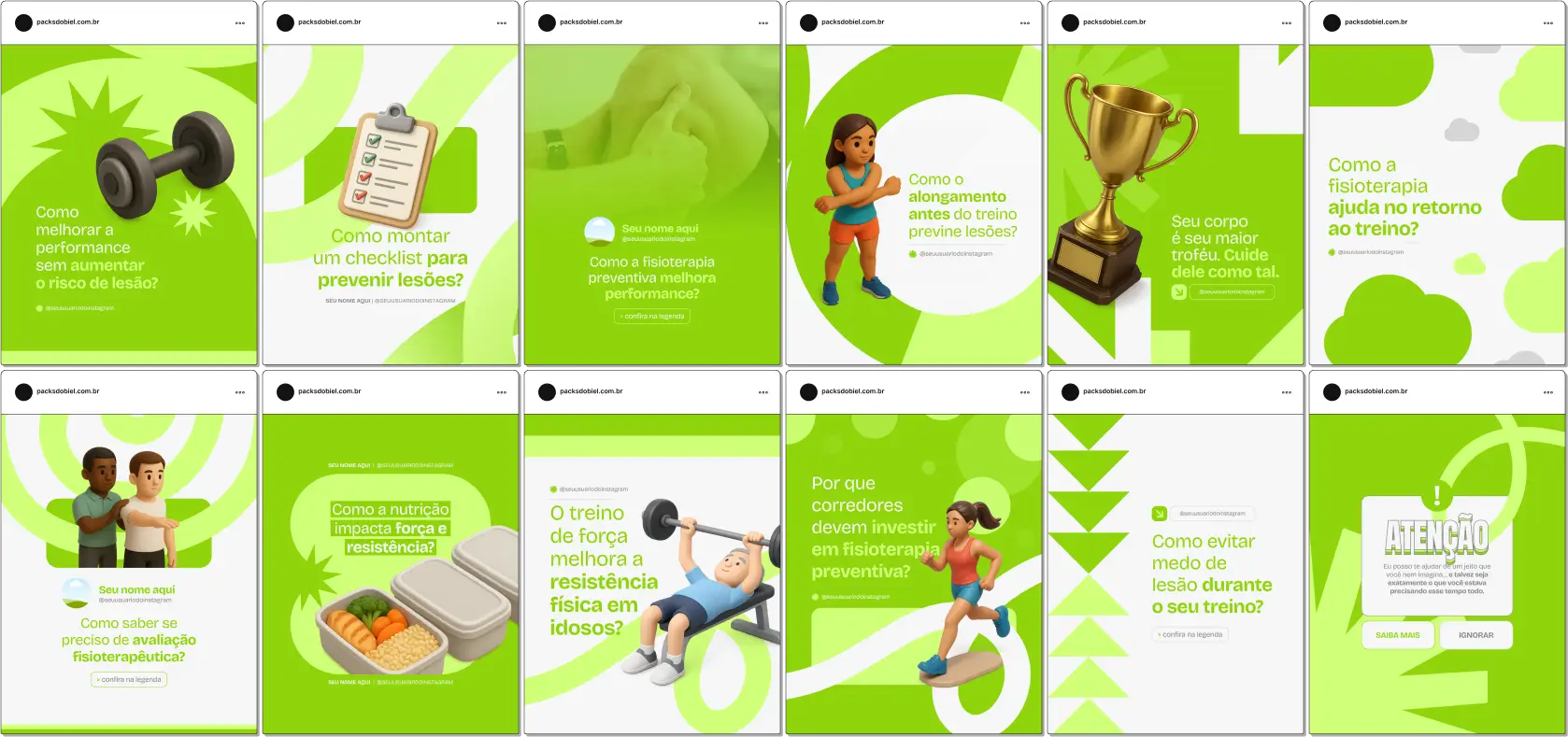 Kit de posts editáveis no Canva para fisioterapeutas esportivos. Inclui artes sobre exercícios preventivos, reabilitação funcional, alongamentos, cuidados com articulações, dicas de performance e lifestyle saudável. Perfeito para fortalecer sua presença no Instagram, atrair novos pacientes e mostrar autoridade na área esportiva.