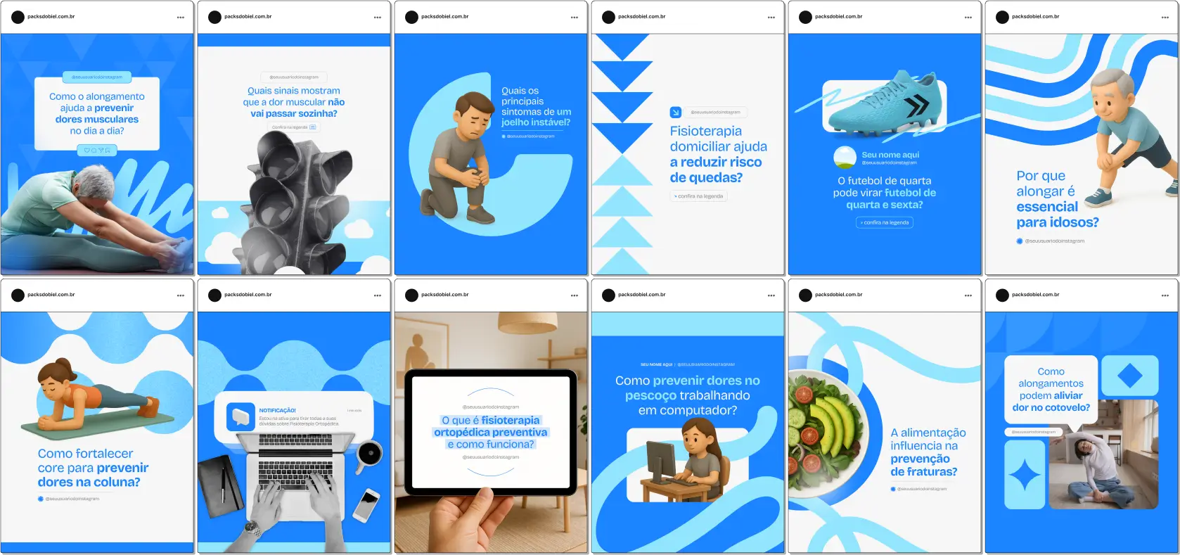 Kit completo para profissionais de fisioterapia ortopédica, com posts editáveis sobre técnicas de reabilitação, exercícios funcionais, ergonomia, prevenção de lesões esportivas e ortopédicas, mobilidade e fortalecimento muscular, ideal para engajar pacientes e aumentar a presença digital nas redes sociais.
