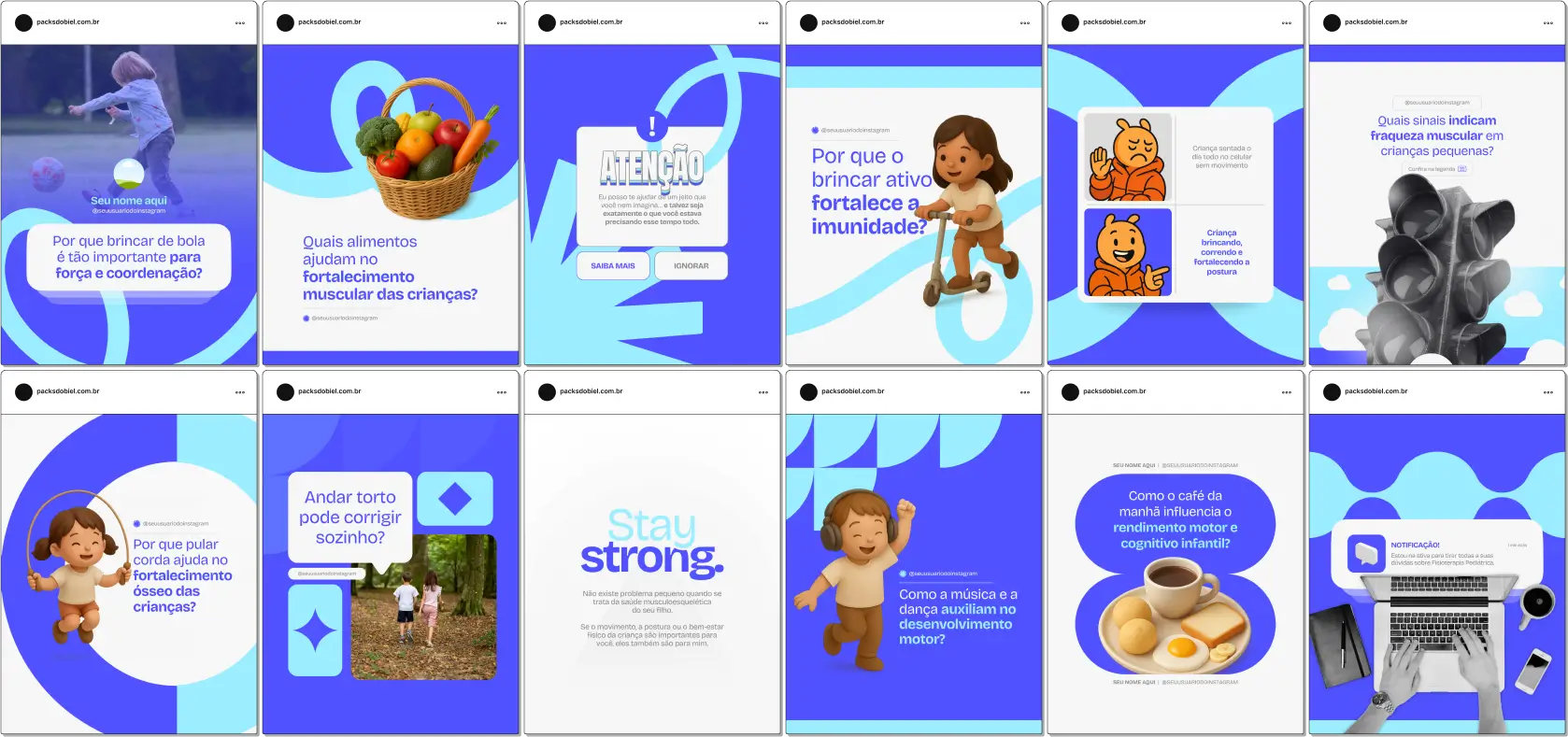 Kit de posts editáveis para fisioterapeutas pediátricos, com artes modernas e conteúdos prontos para Instagram e outras redes sociais. Inclui materiais sobre desenvolvimento psicomotor, reabilitação funcional infantil, atividades terapêuticas, exercícios de coordenação motora e orientações práticas para cuidados em casa, ajudando a atrair e educar pacientes de forma estratégica.