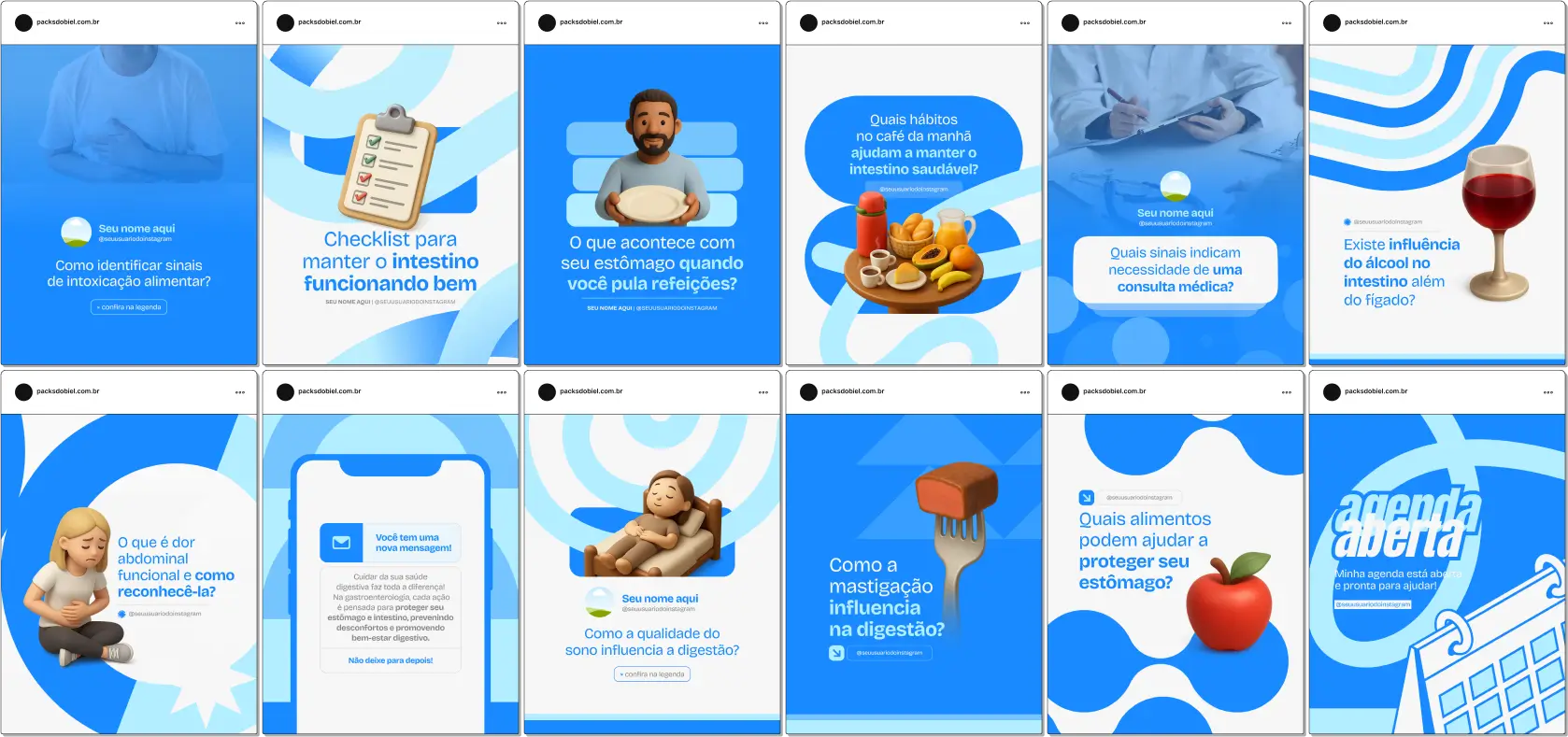 Kit de posts editáveis no Canva para gastroenterologistas. Inclui artes sobre cuidados com o estômago, intestino, fígado e pâncreas, dicas de nutrição, alertas de prevenção, curiosidades médicas e orientações para pacientes. Perfeito para clínicas e profissionais que desejam aumentar o engajamento, educar o público e atrair novos pacientes.