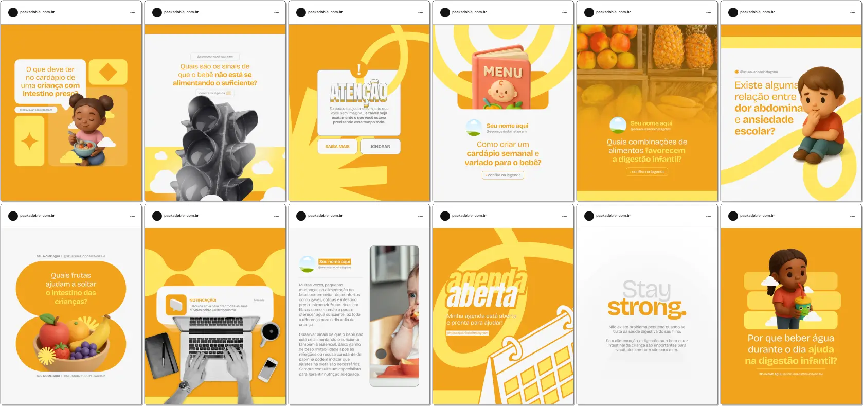 Kit de posts editáveis no Canva para gastropediatras e profissionais de saúde infantil. Inclui artes sobre alimentação, digestão, prevenção de desconfortos gastrointestinais, dicas de cuidados diários, orientação para pais e curiosidades médicas. Perfeito para aumentar o engajamento, educar o público e atrair novos pacientes de forma estratégica.