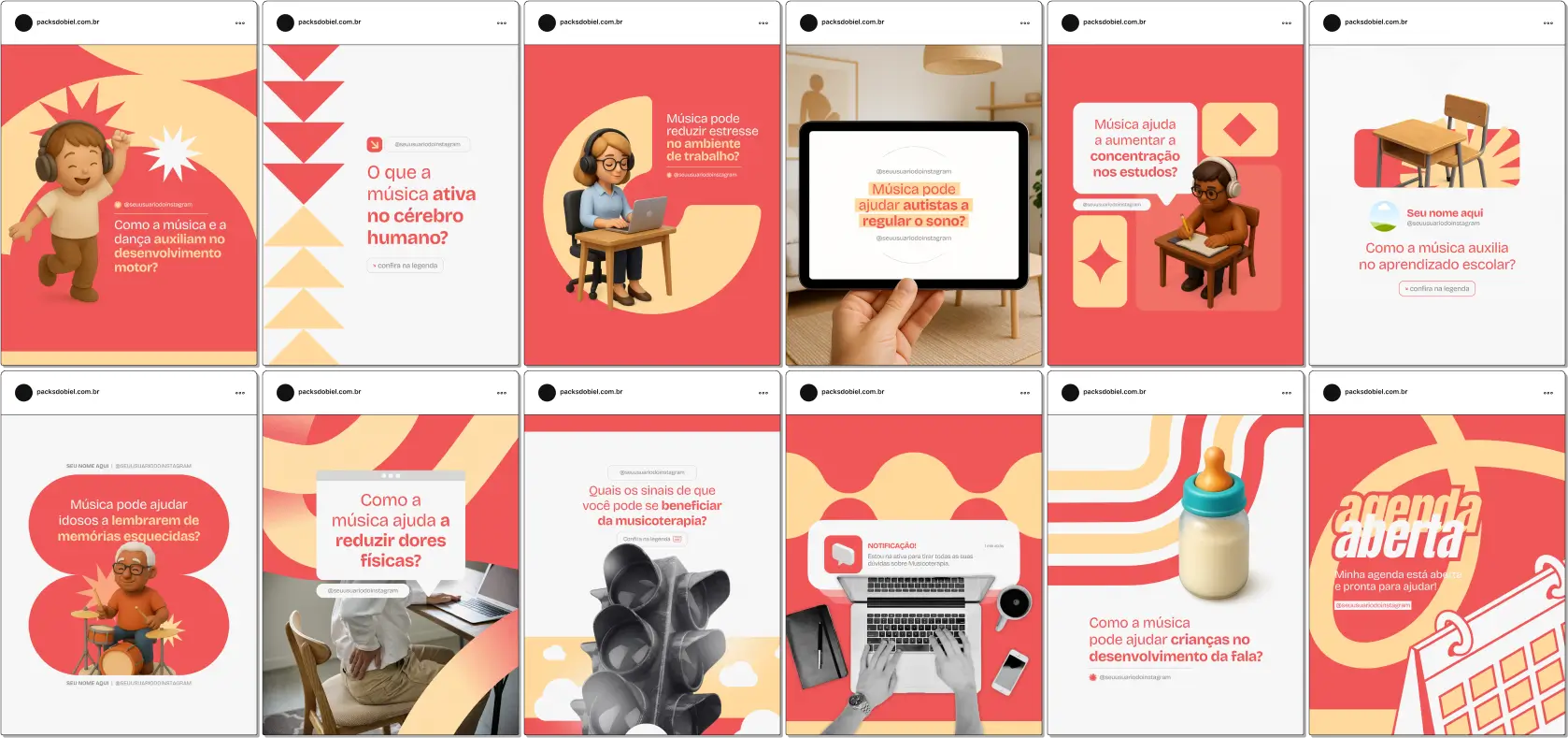 Pack Canva Musicoterapia – Kit com posts e artes editáveis para Instagram e redes sociais, com conteúdos prontos sobre técnicas de musicoterapia, terapias musicais para crianças, adultos e idosos, estimulação cognitiva, desenvolvimento emocional, relaxamento, redução de estresse e promoção do bem-estar. Ideal para musicoterapeutas, clínicas de reabilitação e profissionais de saúde mental que desejam aumentar presença digital e engajamento.