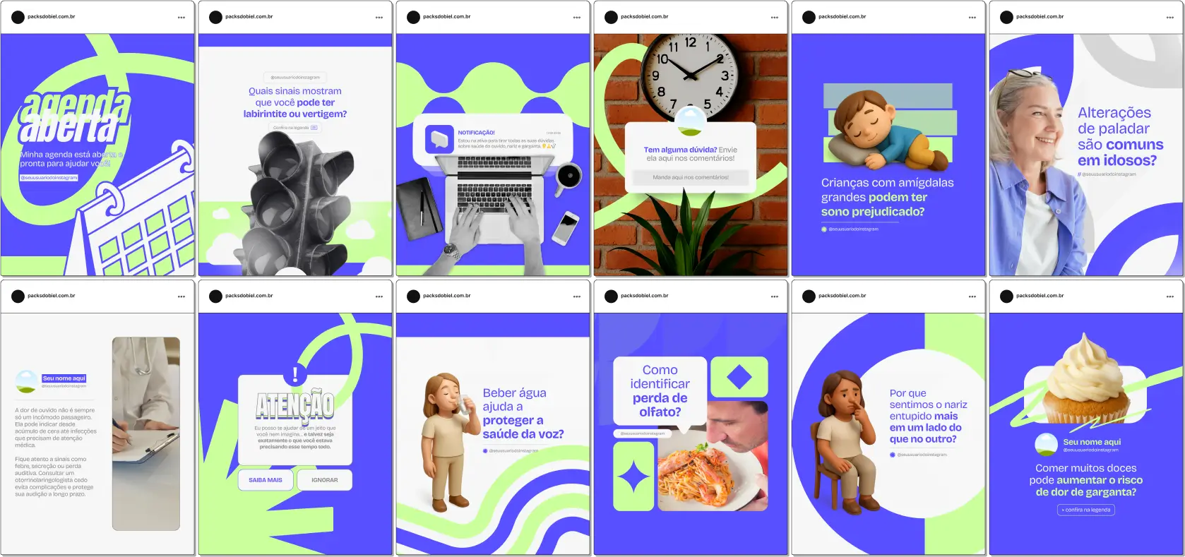 Kit de posts editáveis para Otorrino no Canva, com artes modernas e conteúdos prontos para médicos, clínicas de otorrinolaringologia e profissionais da saúde. Inclui materiais sobre diagnóstico precoce, qualidade do sono, alergias respiratórias, tratamento da surdez, cirurgias e cuidados com a voz, ajudando a educar e atrair pacientes nas redes sociais.