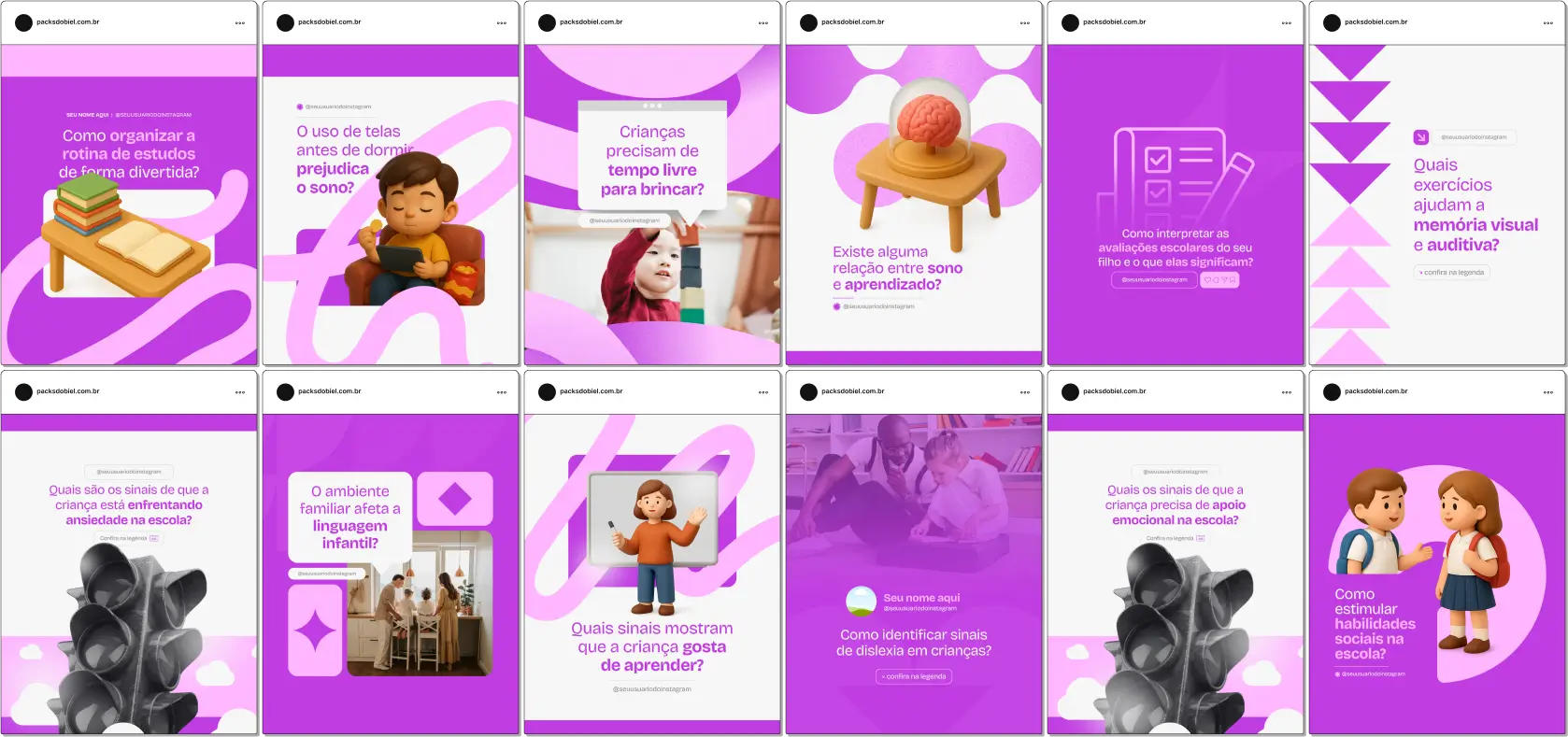 Kit completo para psicopedagogos e clínicas de educação, com posts editáveis sobre estímulo cognitivo, habilidades socioemocionais, intervenção em dificuldades de aprendizagem, acompanhamento de crianças e adolescentes, estratégias de ensino e fortalecimento da presença digital no Instagram e outras redes sociais.