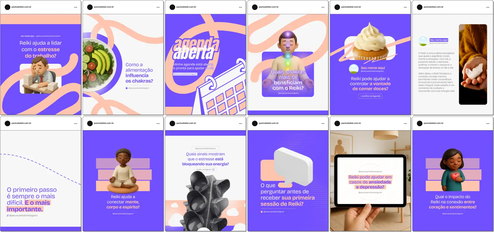 Kit completo para terapeutas de Reiki e profissionais de bem-estar, com posts editáveis sobre equilíbrio físico, emocional e espiritual, técnicas de harmonização energética, dicas de autoaplicação, orientações para clientes e conteúdos educativos que fortalecem a presença digital no Instagram e outras redes sociais.