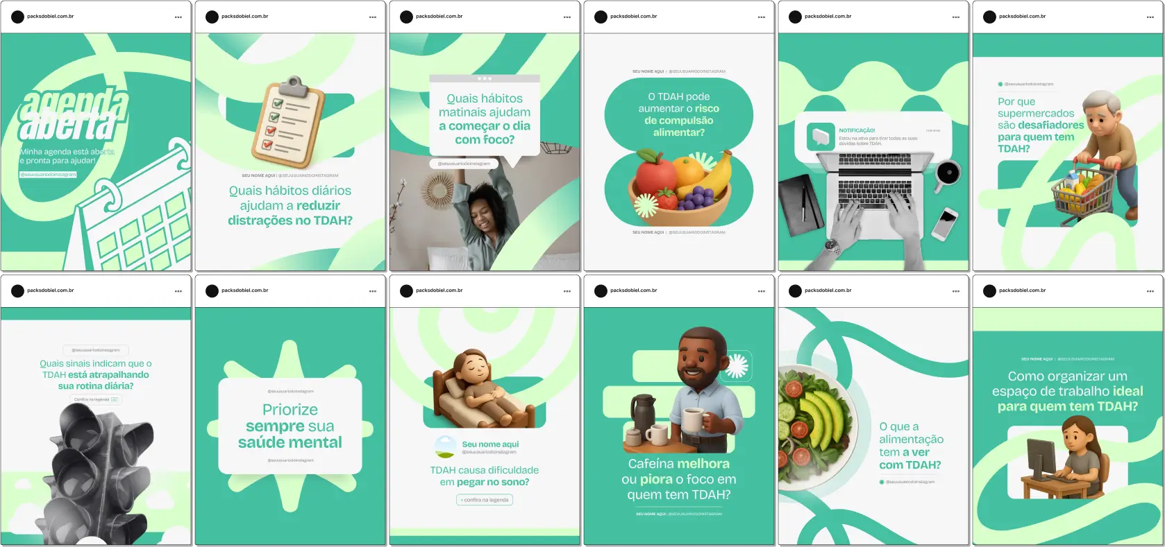 Kit de posts no Canva para TDAH em adultos – Inclui artes sobre organização, produtividade, estratégias de foco, saúde mental, enfrentamento de sintomas, dicas práticas para o dia a dia, orientação terapêutica e autocuidado. Perfeito para psicólogos, psiquiatras, coaches e profissionais da saúde que buscam aumentar o engajamento e atrair pacientes de forma estratégica.