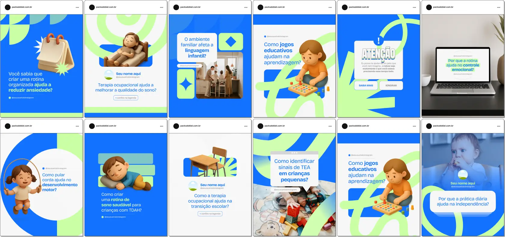 Kit de posts editáveis no Canva para profissionais de Terapia Ocupacional e clínicas especializadas em reabilitação física e cognitiva. Inclui conteúdos para Instagram e outras redes sociais sobre exercícios terapêuticos, desenvolvimento funcional, atividades de coordenação motora, estratégias de inclusão e orientações práticas para pacientes e familiares.