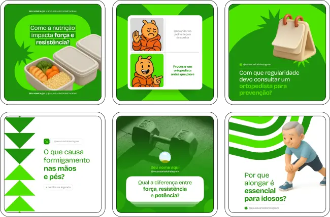 Pack Canva Ortopedista, Clínicas de Ortopedia e Profissionais de Fisioterapia – Kit de posts editáveis no Canva, perfeito para ortopedistas, clínicas especializadas e fisioterapeutas ortopédicos. Contém materiais personalizados com conteúdos sobre tratamentos ortopédicos, exercícios de reabilitação, prevenção de lesões, dicas de saúde musculoesquelética e promoção de serviços. Ajuda a criar um perfil de Instagram atrativo, aumentar engajamento e divulgar serviços de ortopedia de forma profissional e estratégica.
