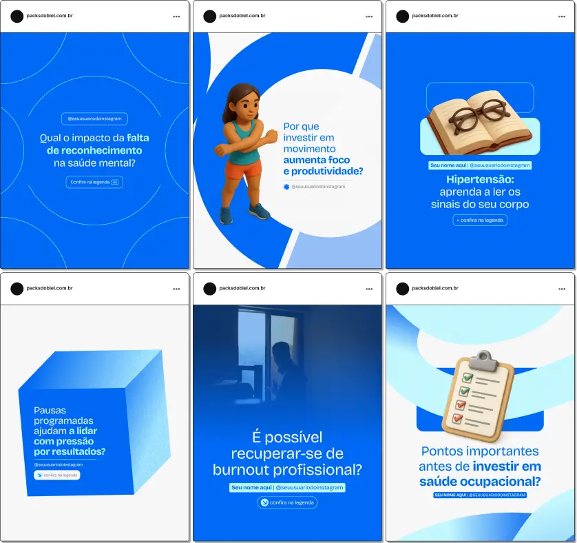 Pack Canva Saúde Ocupacional, Bem-Estar Corporativo e Prevenção de Riscos – Kit de posts editáveis no Canva, ideal para profissionais de SST, médicos do trabalho e consultores de saúde. Inclui conteúdos sobre prevenção de doenças ocupacionais, campanhas internas, ergonomia no trabalho, segurança e qualidade de vida. Ideal para criar um perfil de Instagram informativo, engajar colaboradores e educar empresas sobre saúde no trabalho.