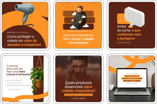 Pack Canva Barbearia, Estilo Masculino e Serviços de Grooming – Kit completo no Canva para barbeiros, esteticistas e profissionais de cuidados masculinos. Contém conteúdos educativos, dicas de estilo, tutoriais rápidos, promoções e estratégias para fidelização de clientes. Ajuda a criar um perfil de Instagram visualmente atrativo, gerar engajamento e fortalecer a autoridade online da barbearia ou serviço de estética masculina.