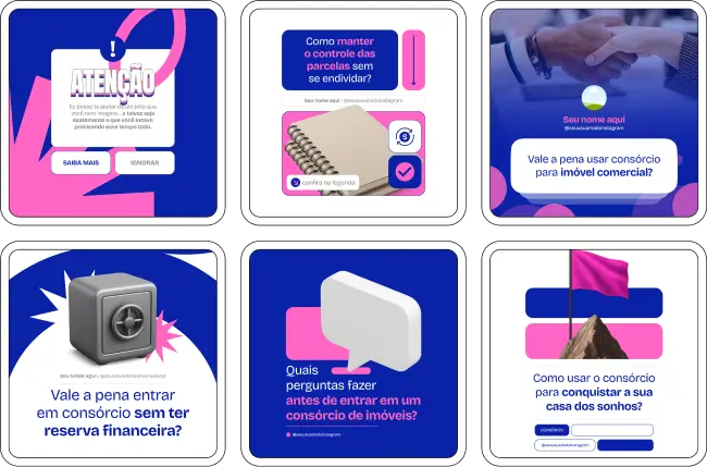 Pack Canva Consórcio de Imóveis, Financiamento Imobiliário e Investimentos – Kit completo de posts editáveis no Canva, ideal para corretores, consultores de consórcio e profissionais de investimentos imobiliários. Inclui materiais com conteúdos educativos sobre planejamento de aquisição, comparativo entre consórcio e financiamento, dicas financeiras, vantagens do investimento e promoções. Ideal para engajar clientes, criar um perfil de Instagram envolvente e fortalecer sua presença digital.