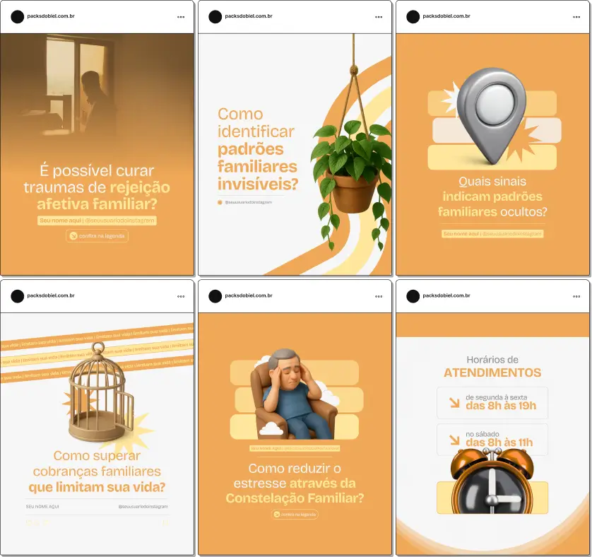 Pack Canva Constelação Familiar, Terapia Holística e Equilíbrio Emocional – Kit de posts editáveis no Canva com artes e conteúdos prontos para consteladores, terapeutas integrativos e profissionais do bem-estar. Contém materiais sobre vínculos familiares, reconciliação emocional, energia sistêmica e cura ancestral. Ideal para criar um perfil de Instagram envolvente, aumentar o engajamento e divulgar serviços terapêuticos de forma estratégica.