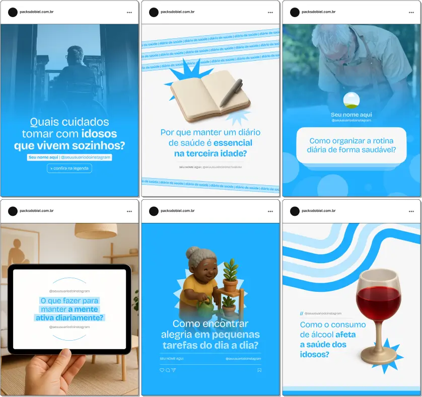 Pack Canva Geriatria, Reabilitação e Saúde do Idoso – Kit de posts editáveis no Canva, perfeito para geriatras, fisioterapeutas geriátricos e consultores em cuidados com idosos. Contém materiais personalizados com conteúdos sobre prevenção de doenças, promoção de saúde, exercícios funcionais, acompanhamento nutricional e atividades de estimulação cognitiva. Ajuda a criar um perfil de Instagram atrativo, aumentar engajamento e promover serviços geriátricos de forma profissional e estratégica.