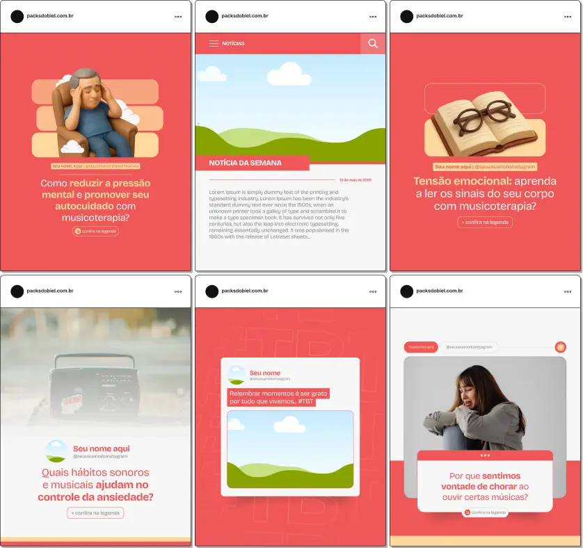 Pack Canva Musicoterapia, Terapia Integrativa e Consultoria Musical – Kit de posts editáveis no Canva, perfeito para musicoterapeutas, clínicas de reabilitação e consultores em terapias musicais. Contém materiais personalizados com conteúdos sobre técnicas de intervenção, benefícios da música para saúde mental, exercícios terapêuticos e dicas de engajamento familiar. Ajuda a criar um perfil de Instagram atrativo, aumentar engajamento e promover serviços de musicoterapia de forma profissional e estratégica.