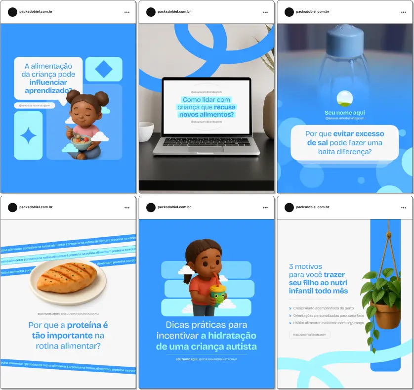 Pack Canva Nutrição Infantil, Coaching Nutricional e Desenvolvimento Infantil – Kit completo de posts editáveis no Canva, ideal para nutricionistas, coaches nutricionais e profissionais de saúde infantil. Inclui materiais com conteúdos sobre alimentação equilibrada, técnicas de incentivo alimentar, receitas saudáveis para crianças, prevenção de obesidade infantil e dicas práticas para famílias. Ideal para criar um perfil de Instagram envolvente, educar pais, engajar seguidores e fortalecer sua presença digital.
