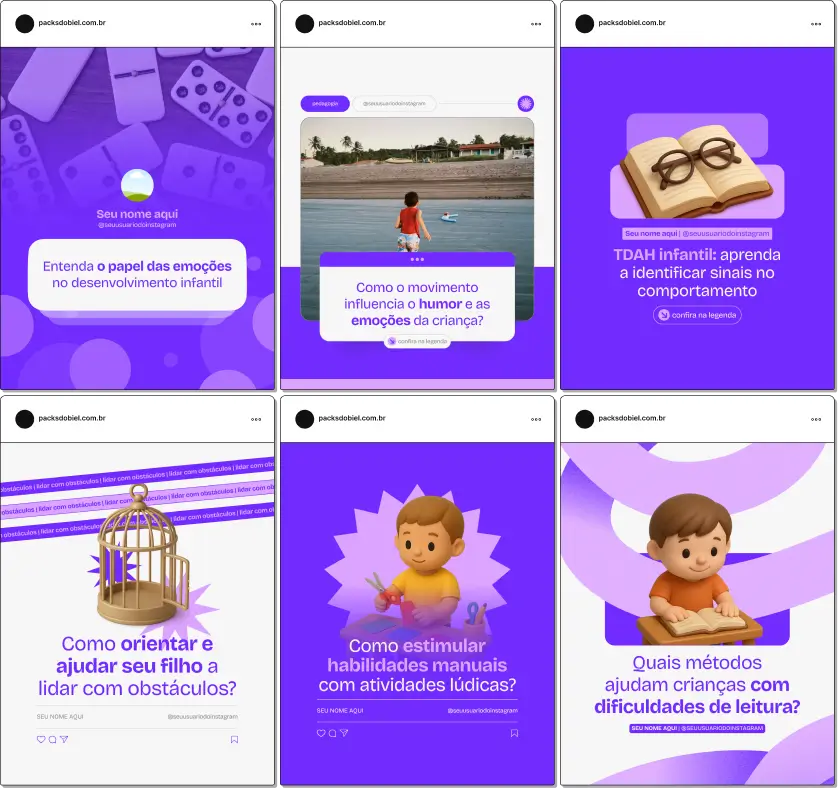 Pack Canva Pedagogia, Orientação Educacional e Psicopedagogia – Kit de posts editáveis no Canva, ideal para pedagogos, psicopedagogos e orientadores educacionais. Inclui conteúdos educativos sobre dificuldades de aprendizagem, comportamento em sala de aula, apoio a pais e estratégias para desenvolvimento cognitivo. Perfeito para criar um perfil de Instagram atrativo e promover serviços de consultoria educacional.