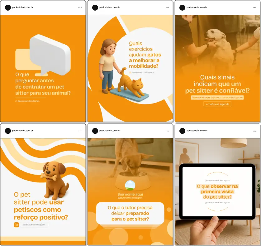 Pack Canva Pet Sitter, Serviços de Pets e Cuidados Personalizados – Kit completo de posts editáveis no Canva, ideal para profissionais de cuidado de animais, pet sitters e cuidadores de cães e gatos. Inclui materiais com conteúdos sobre alimentação adequada, rotinas de passeios, brincadeiras, prevenção de doenças e dicas de bem-estar. Ideal para criar um perfil de Instagram envolvente, engajar clientes e fortalecer a presença digital do serviço.