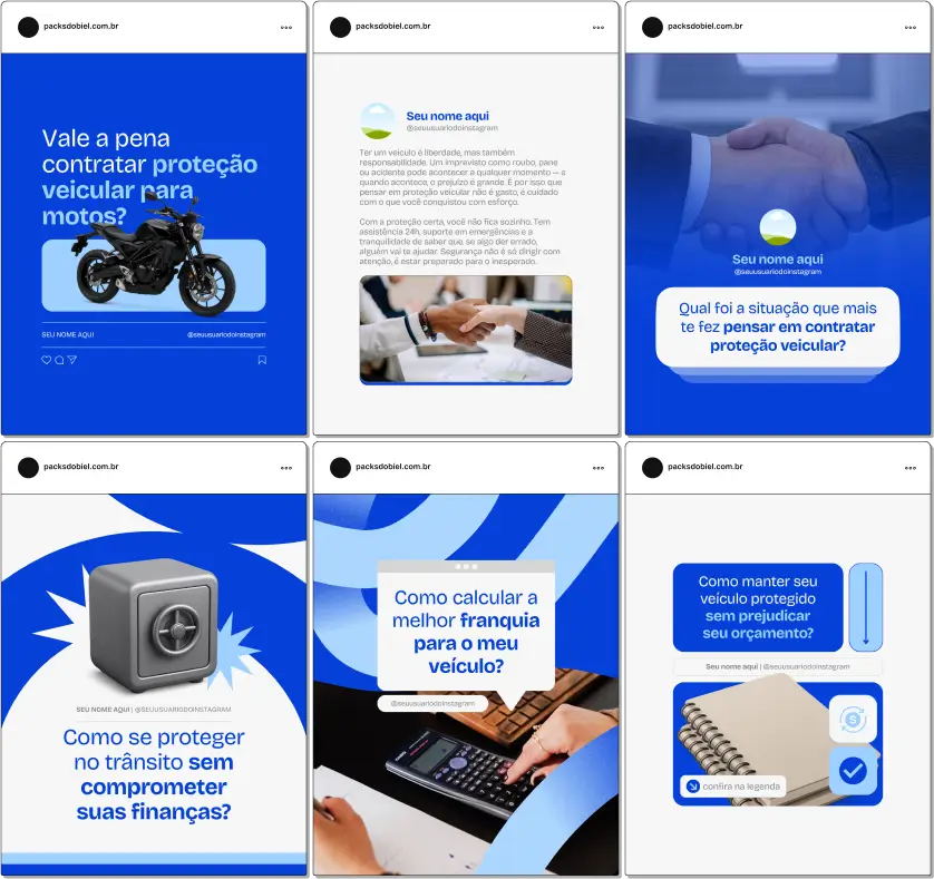 Pack Canva Proteção Veicular, Seguro Auto e Assistência 24h – Kit completo de posts editáveis no Canva, ideal para corretores de proteção veicular, empresas de seguro auto e prestadores de assistência 24h. Inclui materiais personalizados com conteúdos educativos sobre vantagens da proteção veicular, comparativo com seguro tradicional, dicas de segurança no trânsito, prevenção de danos e promoções de serviços. Perfeito para criar um perfil de Instagram atrativo, engajar motoristas e clientes em potencial, fortalecer a presença digital e promover serviços de forma estratégica e profissional.