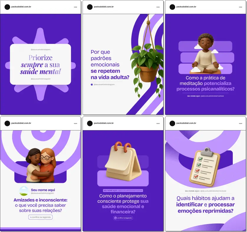 Pack Canva Psicanálise, Psicoterapia e Terapia Psicológica – Kit completo de posts editáveis no Canva, ideal para psicanalistas, psicólogos e terapeutas. Inclui materiais personalizados com conteúdos educativos sobre conceitos psicanalíticos, desenvolvimento emocional, técnicas terapêuticas e dicas para lidar com ansiedade, depressão e conflitos internos. Perfeito para criar um perfil de Instagram atrativo, engajar pacientes e fortalecer a presença digital de forma profissional.