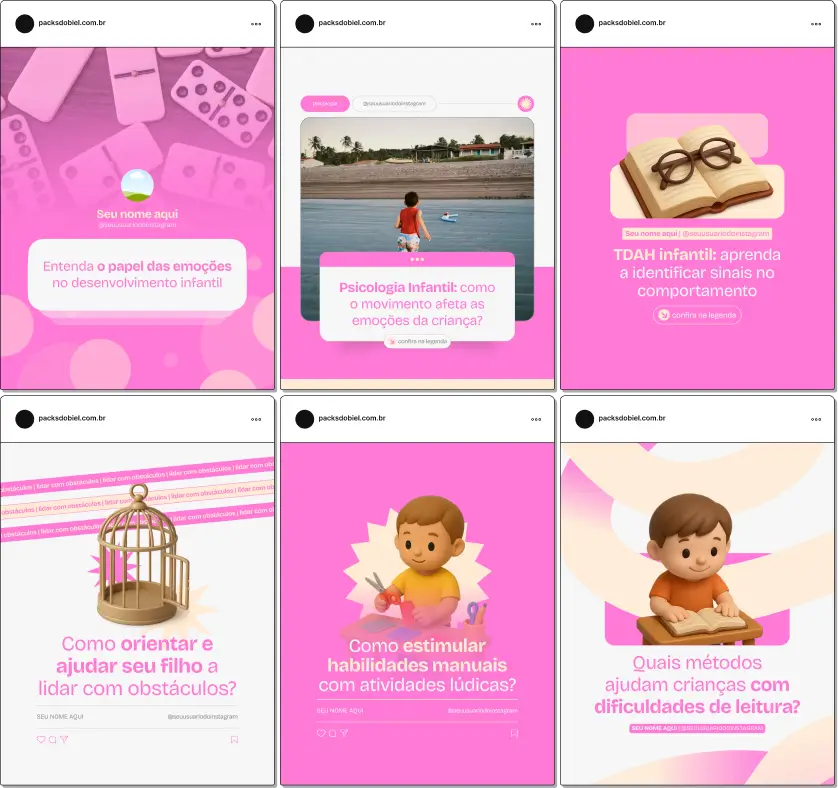 Pack Canva Psicologia Infantil, Desenvolvimento Infantil e Estratégias Educativas – Kit de posts editáveis no Canva com artes e conteúdos prontos. Ideal para psicólogos, psicopedagogos e clínicas, abordando desenvolvimento cognitivo, emocional e orientação para famílias.